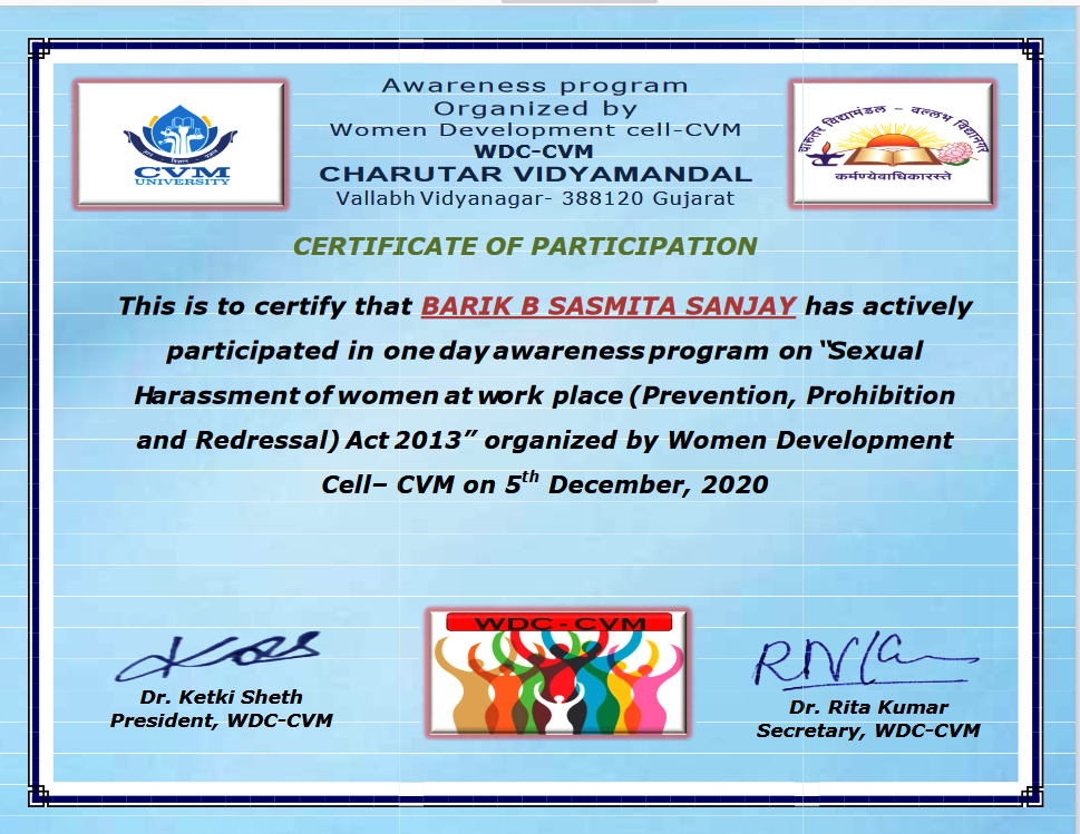 23 Girls students of M.Sc EST 1st semester participated in One day awerness Programme on Sexual harsmmnet at work place organized by Woman Development Cell-CVM on 5th Decmeber,2020. 
