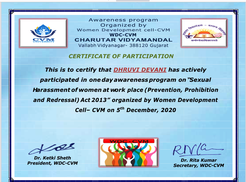 23 Girls students of M.Sc EST 1st semester participated in One day awerness Programme on Sexual harsmmnet at work place organized by Woman Development Cell-CVM on 5th Decmeber,2020. 
	  